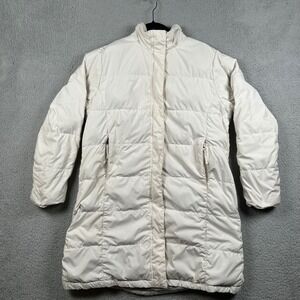 LL Bean Womens Large Goose‎ Down Long Puffer Parka Jacket White Cream Quilted